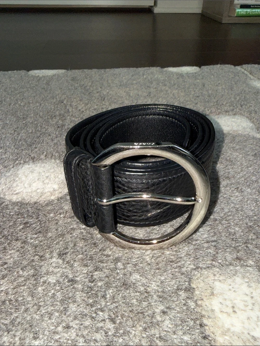Prada Black Leather Belt with Silver O-Ring Buckle